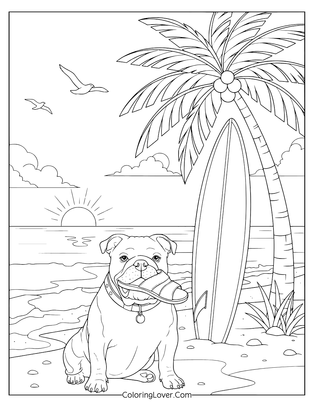 Beach coloring page showing cute dog enjoying a tropical beach evening scene.