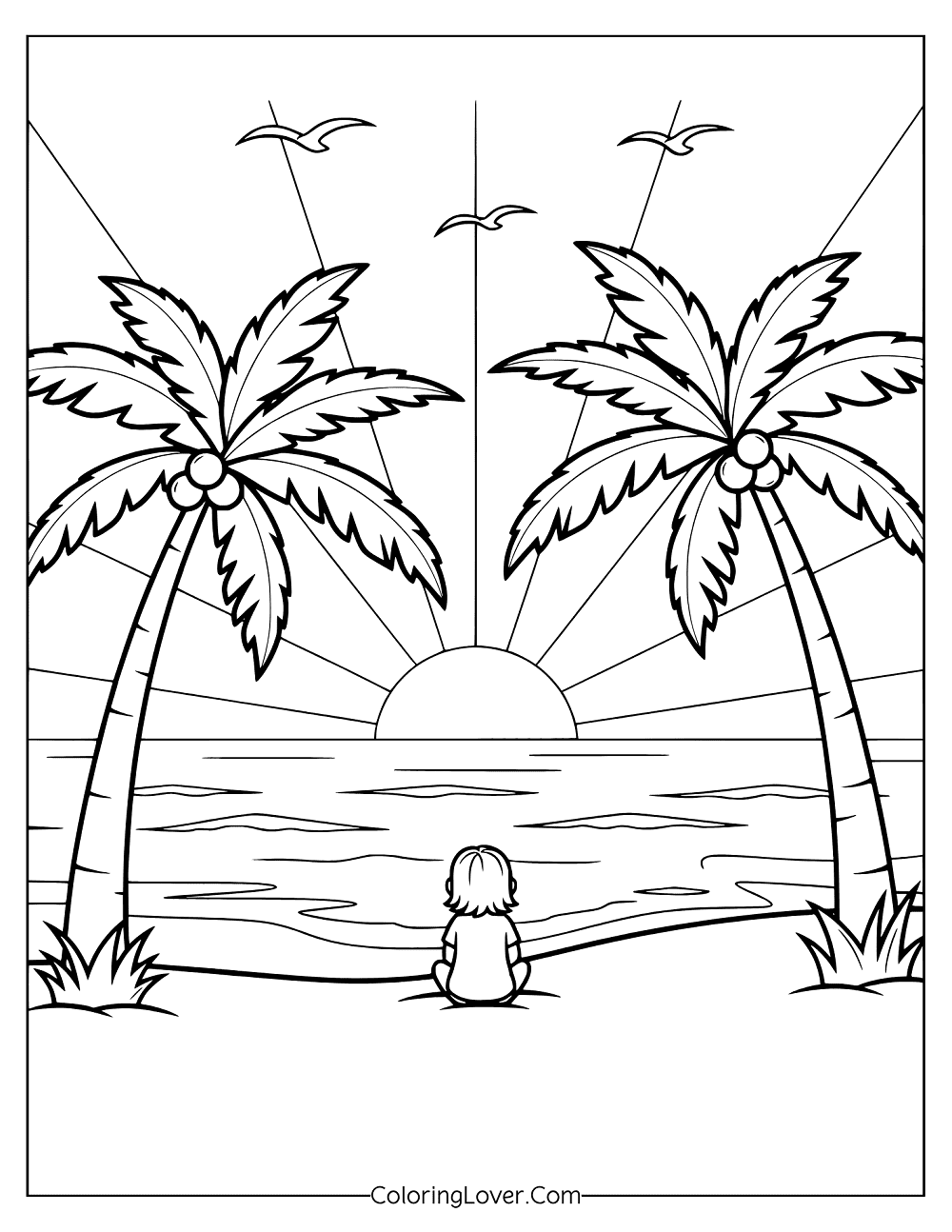 Beach coloring page featuring a child watching sunset between palm trees.
