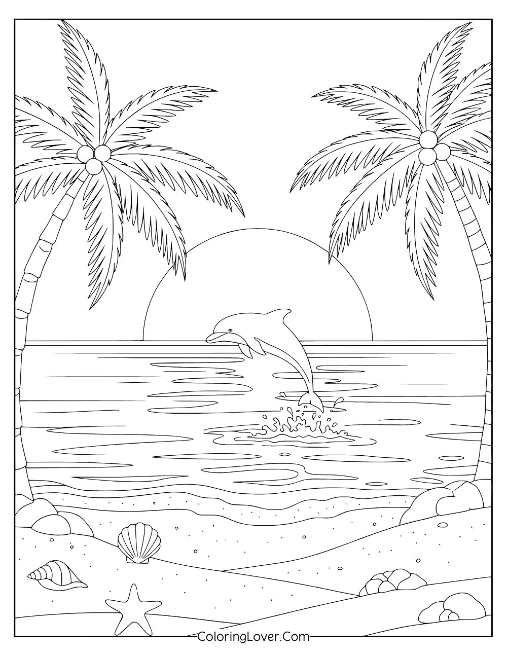 Coloring page of sunset horizon with playful dolphin and sandy shore.