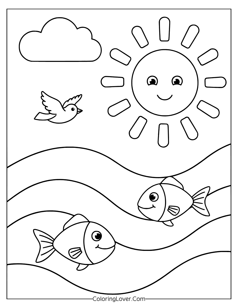 Easy beach coloring page showing ocean life with birds and cheerful sunny sky.