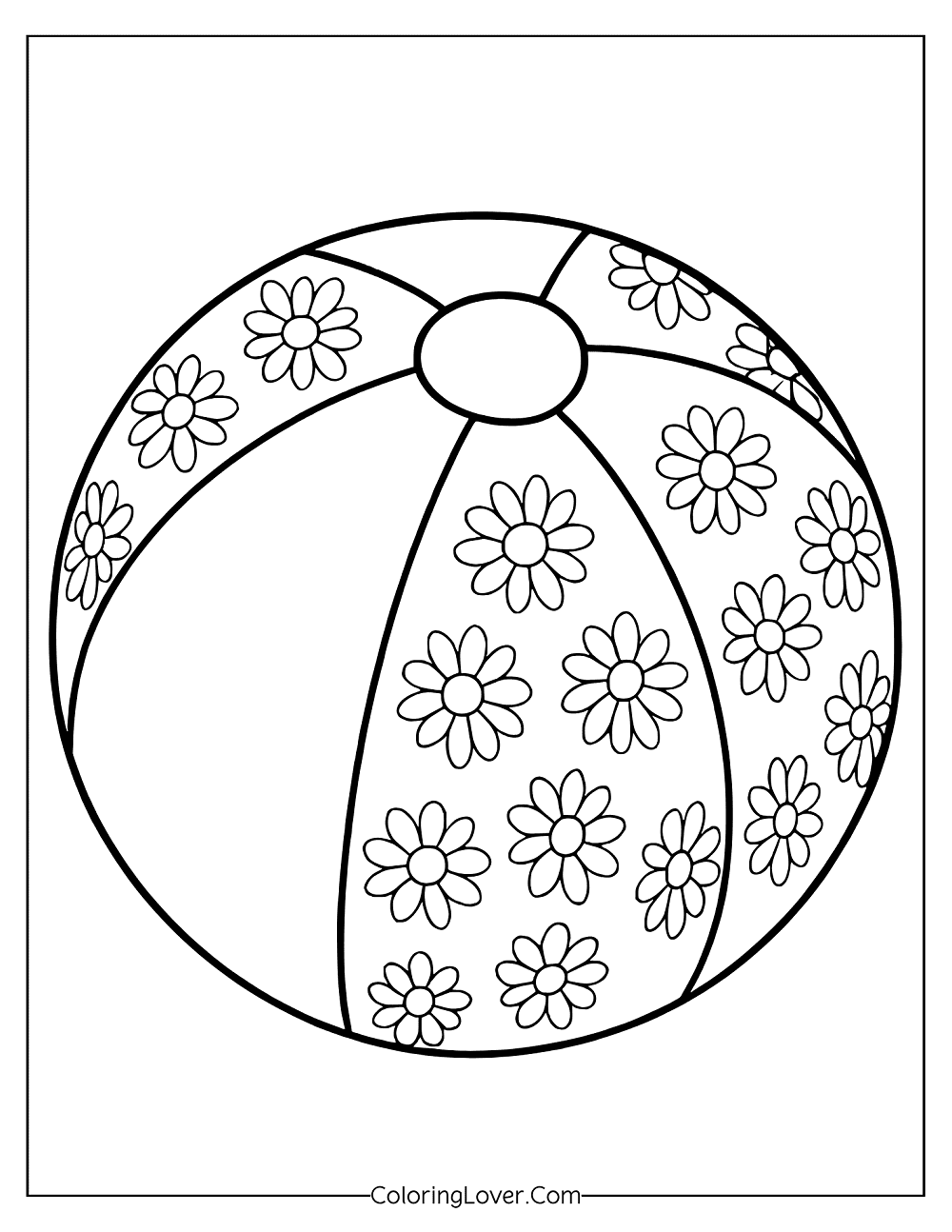 Coloring page of beach ball with daisy design.