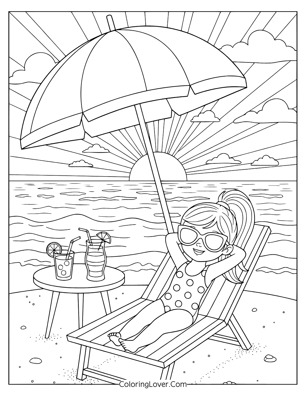 Beach coloring page showing a girl in sunglasses lounging on a chair by the sea.