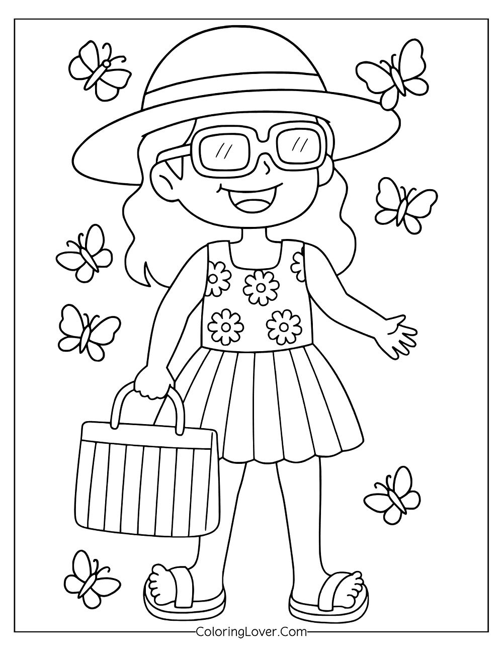 Beach coloring page featuring a girl wearing sun hat and glasses carrying a beach bag.
