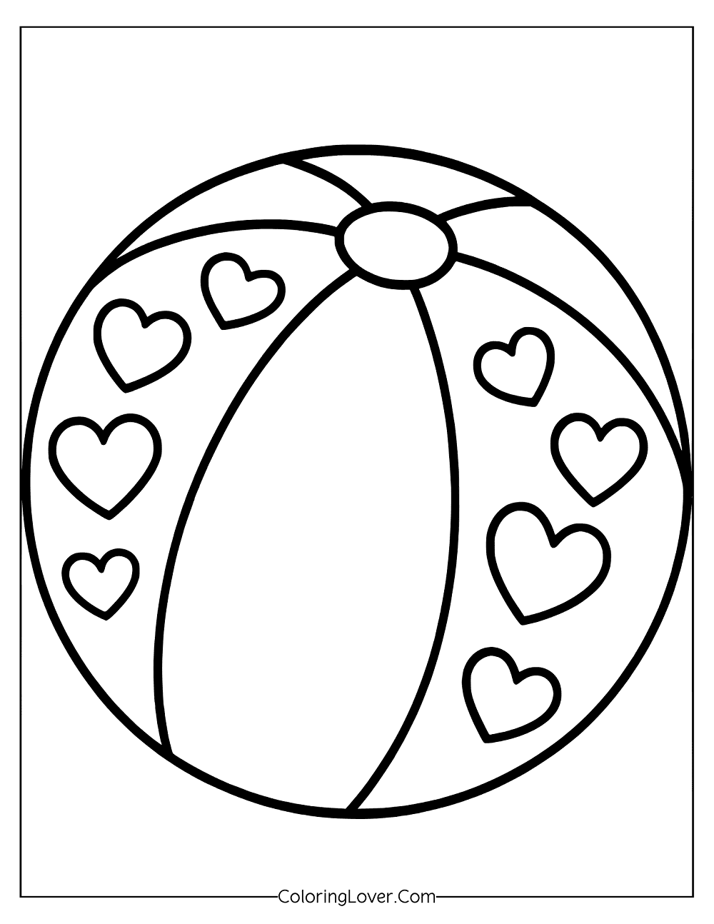 Coloring page for a beach ball decorated with heart patterns.