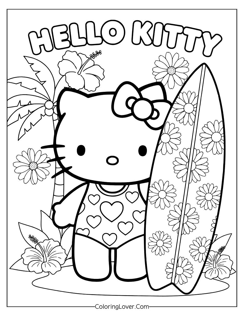 Beach coloring page of Hello Kitty standing with a floral surfboard.