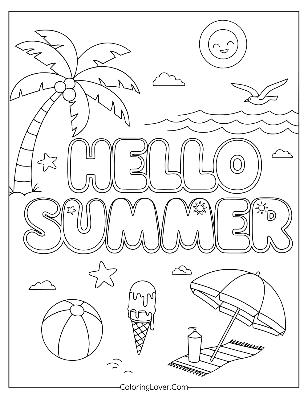 Coloring page featuring Hello Summer text with beach umbrella and tropical elements.
