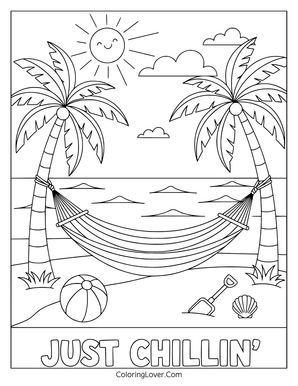 Coloring page of Just Chilling’ text with hammock tied between two palm trees.