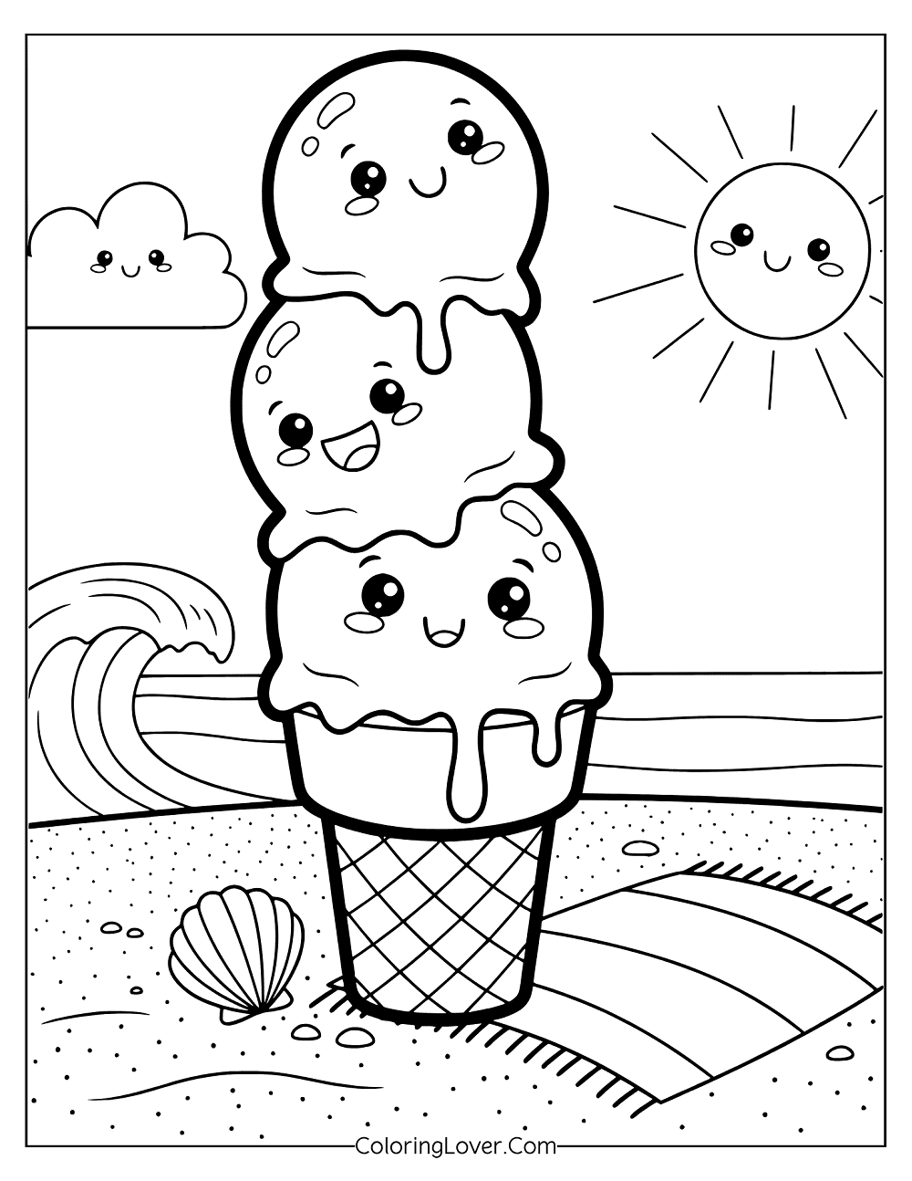 Preschool coloring page of kawaii ice cream cone with smiling scoops on a towel.