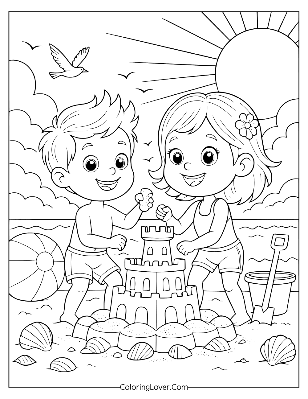 Beach coloring page of a boy and girl enjoying beach time with sand toys.