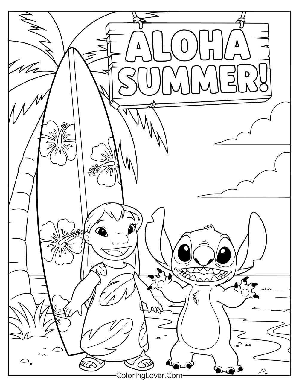 Beach coloring page showing Lilo and Stitch standing by surfboards under “Aloha Summer” sign.