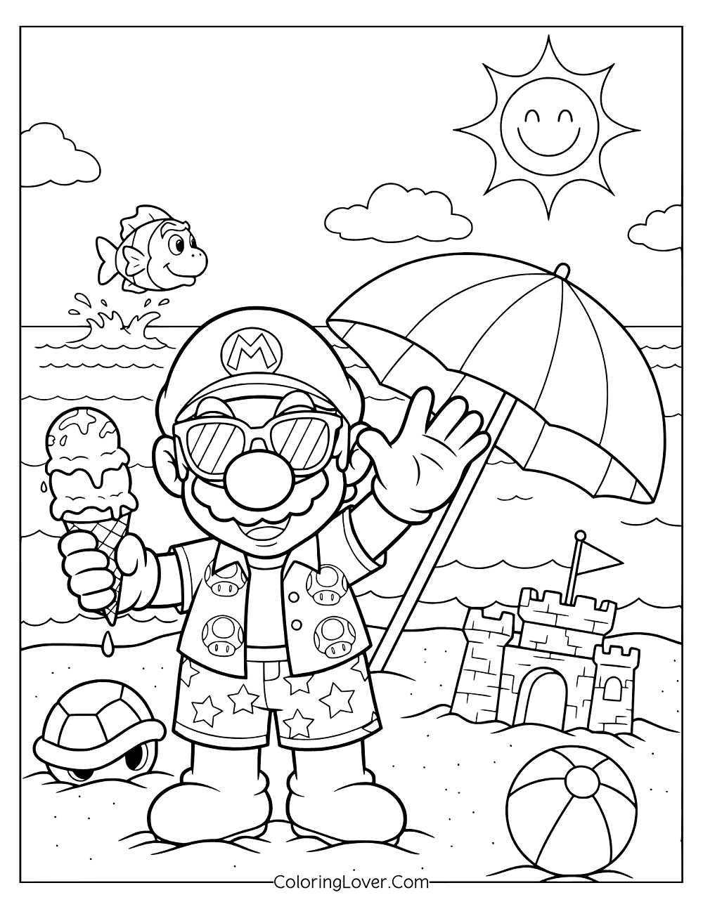Beach coloring page showing Mario waving happily with beach toys and sandcastle nearby.