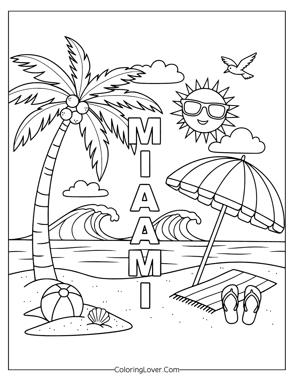 Coloring page featuring Miami text with palm trees, flip flops, and beach umbrella.