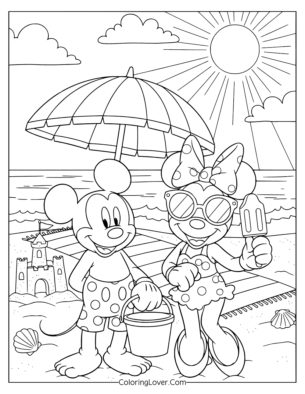 Coloring page of Disney’s Mickey and Minnie relaxing by the ocean under umbrella.