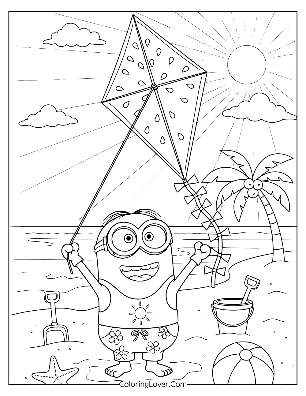 Coloring page of Minion flying a kite on a sunny beach with tropical scenery.