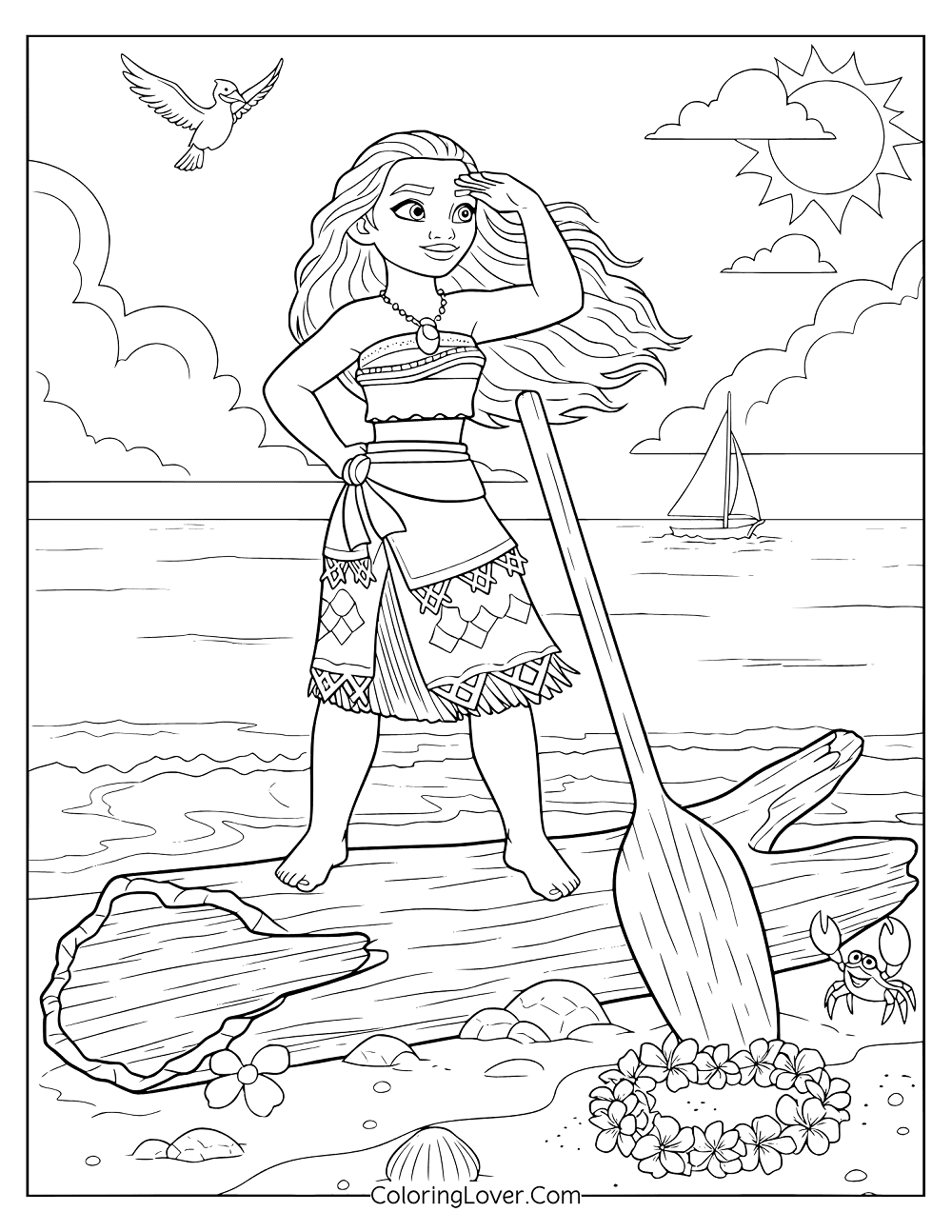 Coloring page of Disney’s Moana by the sea surrounded by flowers and a crab.