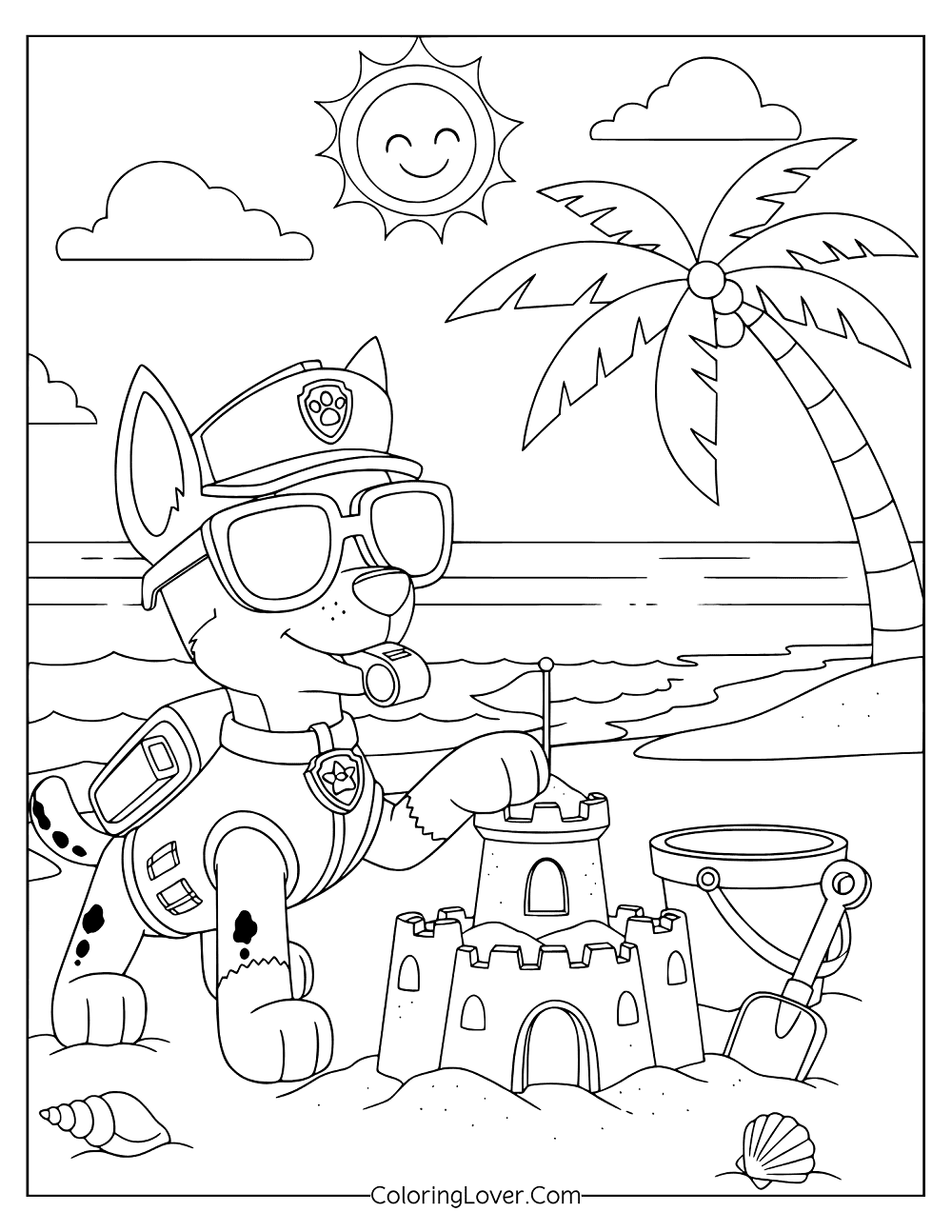 Beach coloring page featuring Chase from Paw Patrol building a sandcastle by the ocean.