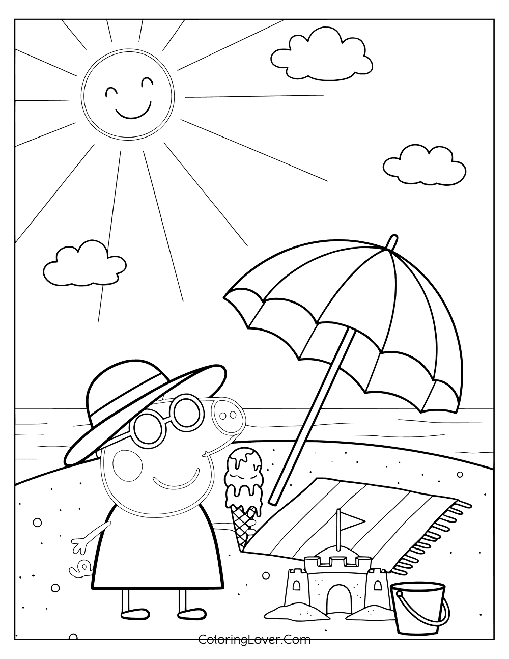 Beach coloring page featuring Peppa Pig wearing a sun hat and sunglasses while enjoying ice cream.
