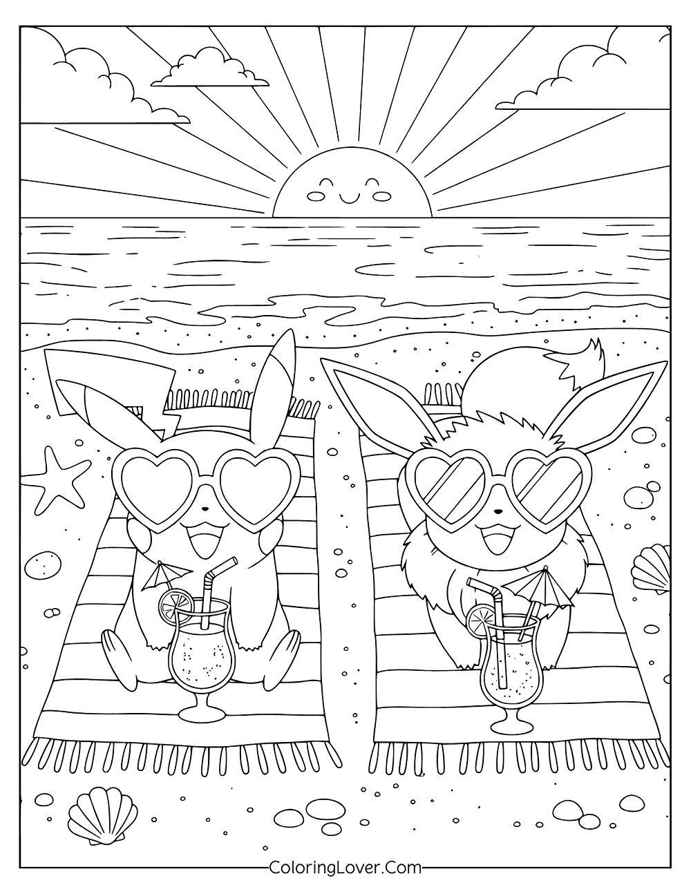 Coloring page showing Pikachu and Eevee enjoying tropical drinks under the sunset.