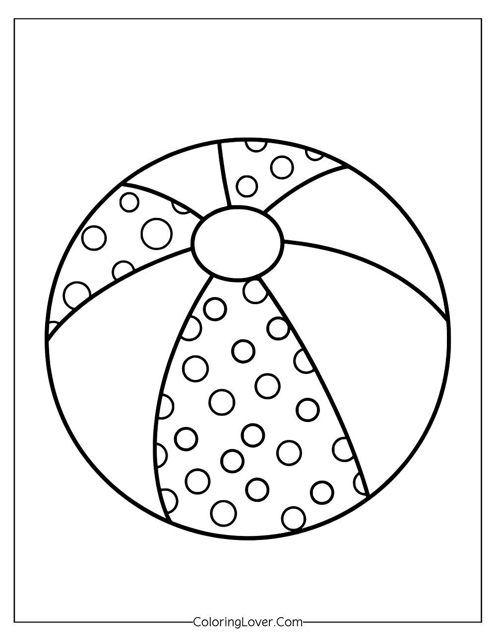 Coloring page for a beach ball with polka dot patterns.