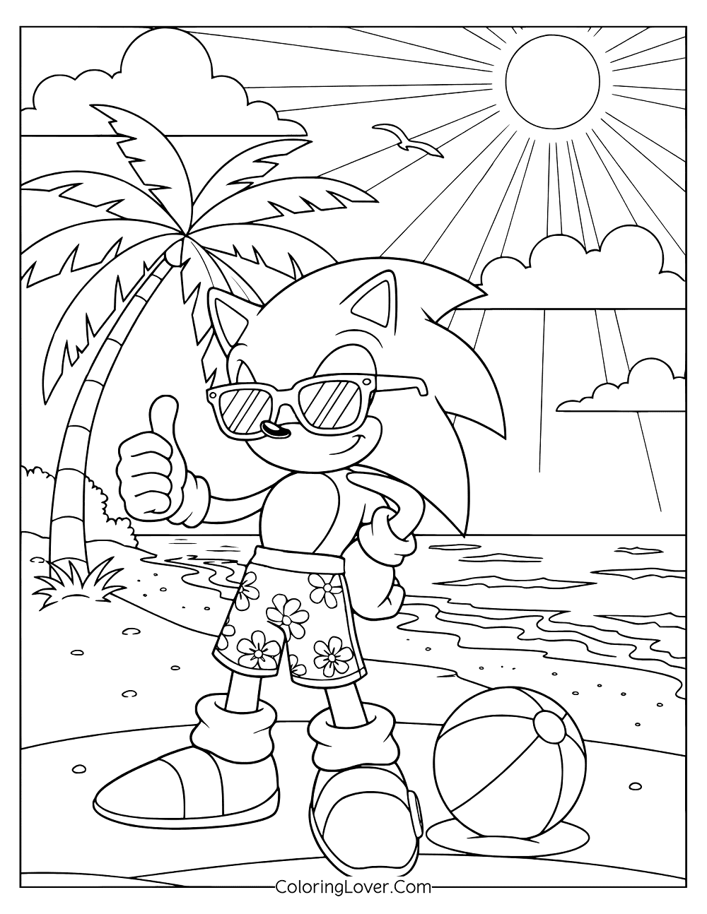 Beach coloring page showing Sonic standing with a beach ball and palm trees behind.