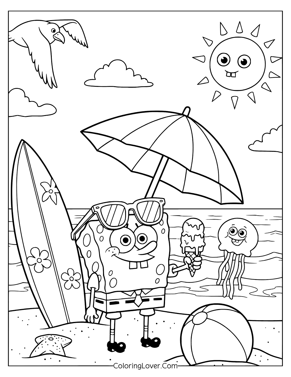 Cute coloring page showing SpongeBob wearing shades and enjoying beach day with jellyfish.