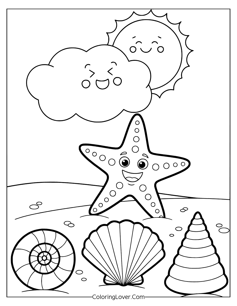 Preschool coloring page showing ocean creatures resting on sandy beach under sunny sky.