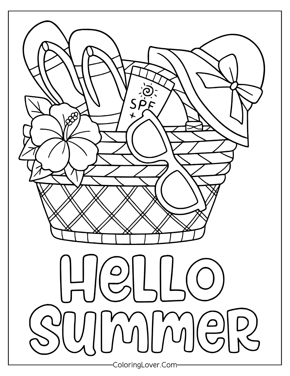 Beach coloring page of a beach bag packed for sunny day with “Hello Summer” text.