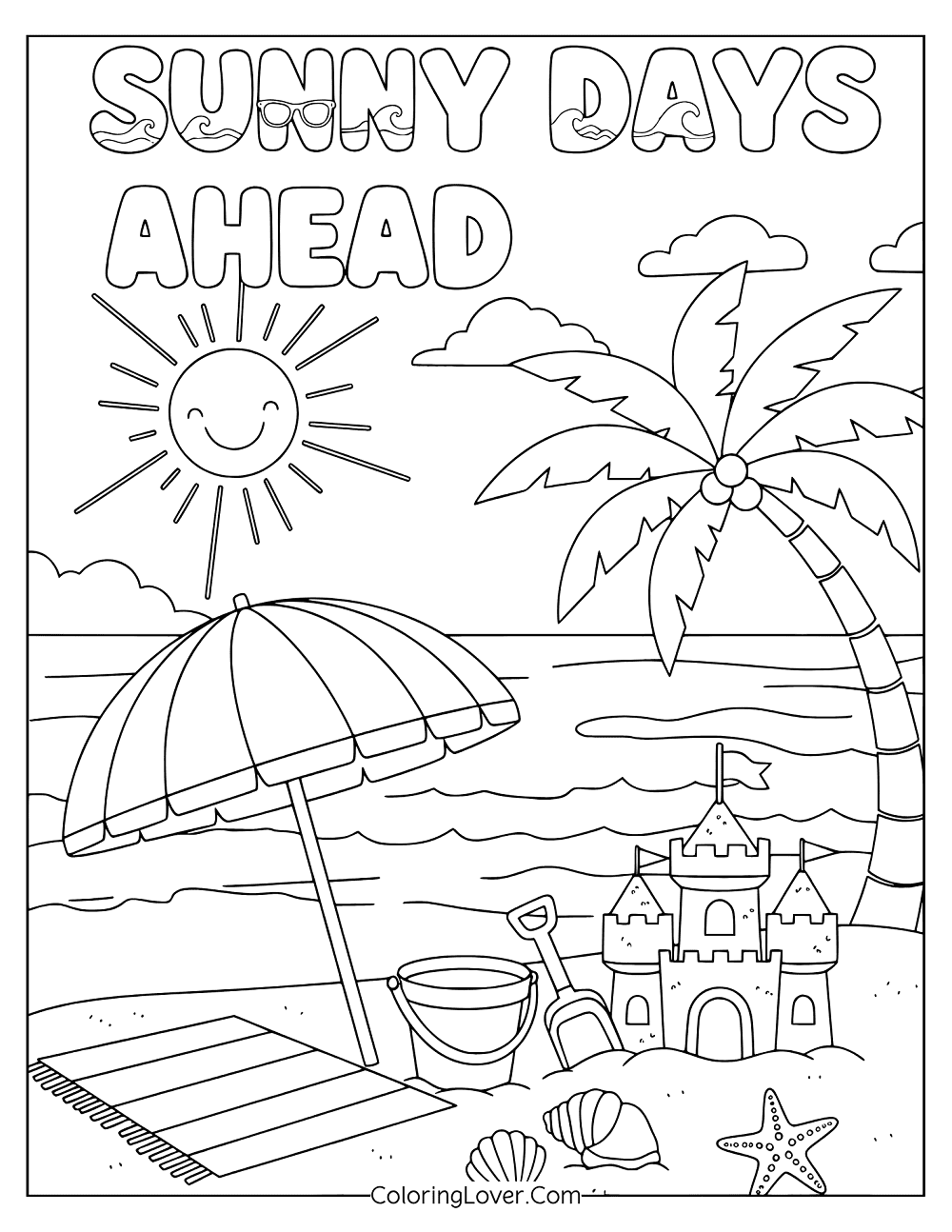Beach coloring page showing sunny seaside view with umbrella and tropical decor.