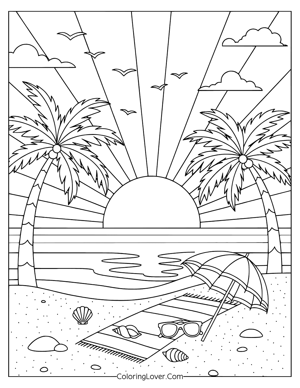 Beach coloring page featuring sunset view with palm trees, umbrella, and lounge chair.