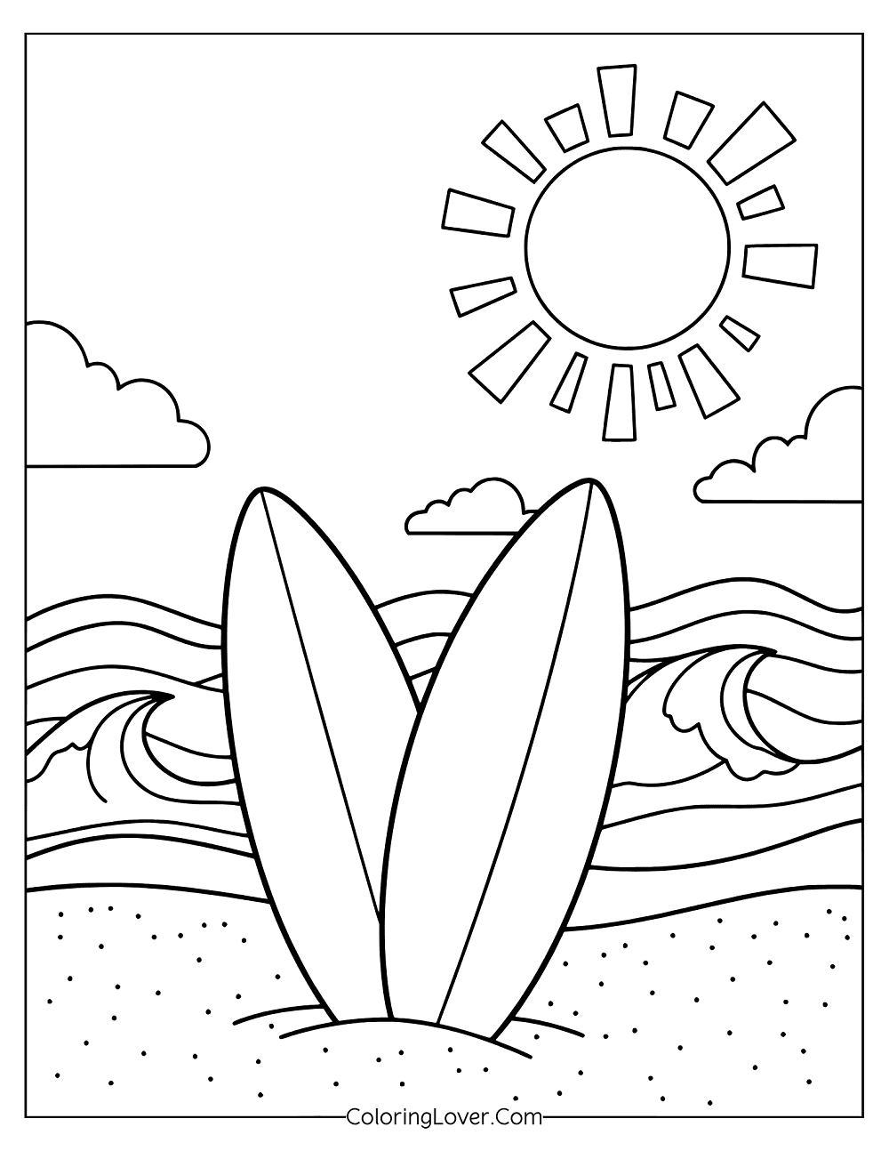 Simple beach coloring page showing tropical surf scene with sun shining over the sea.