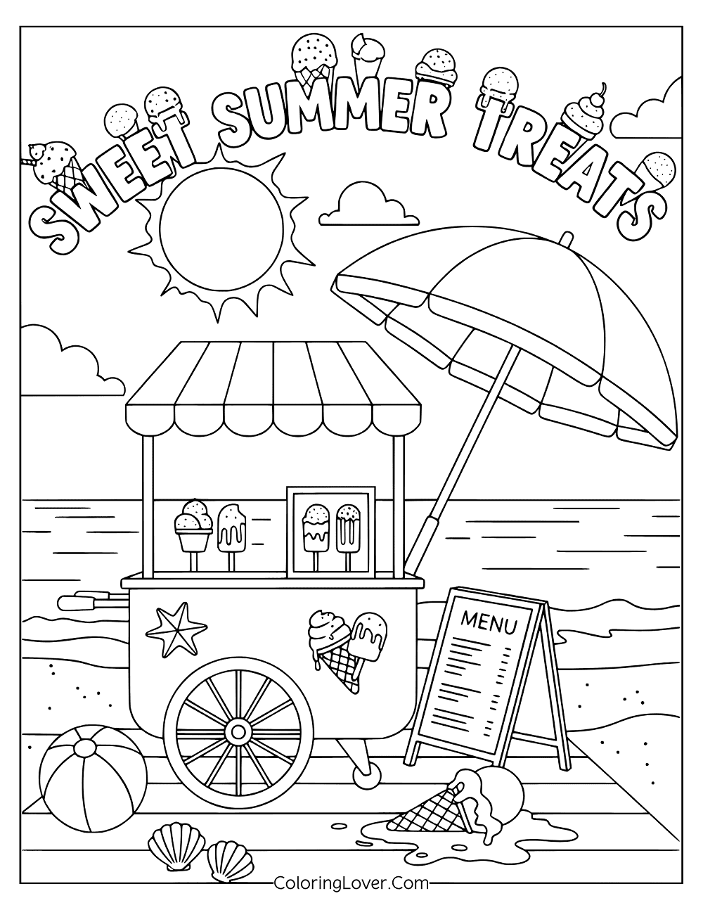 Beach coloring page of a beachside ice cream cart and sunny vacation scene.