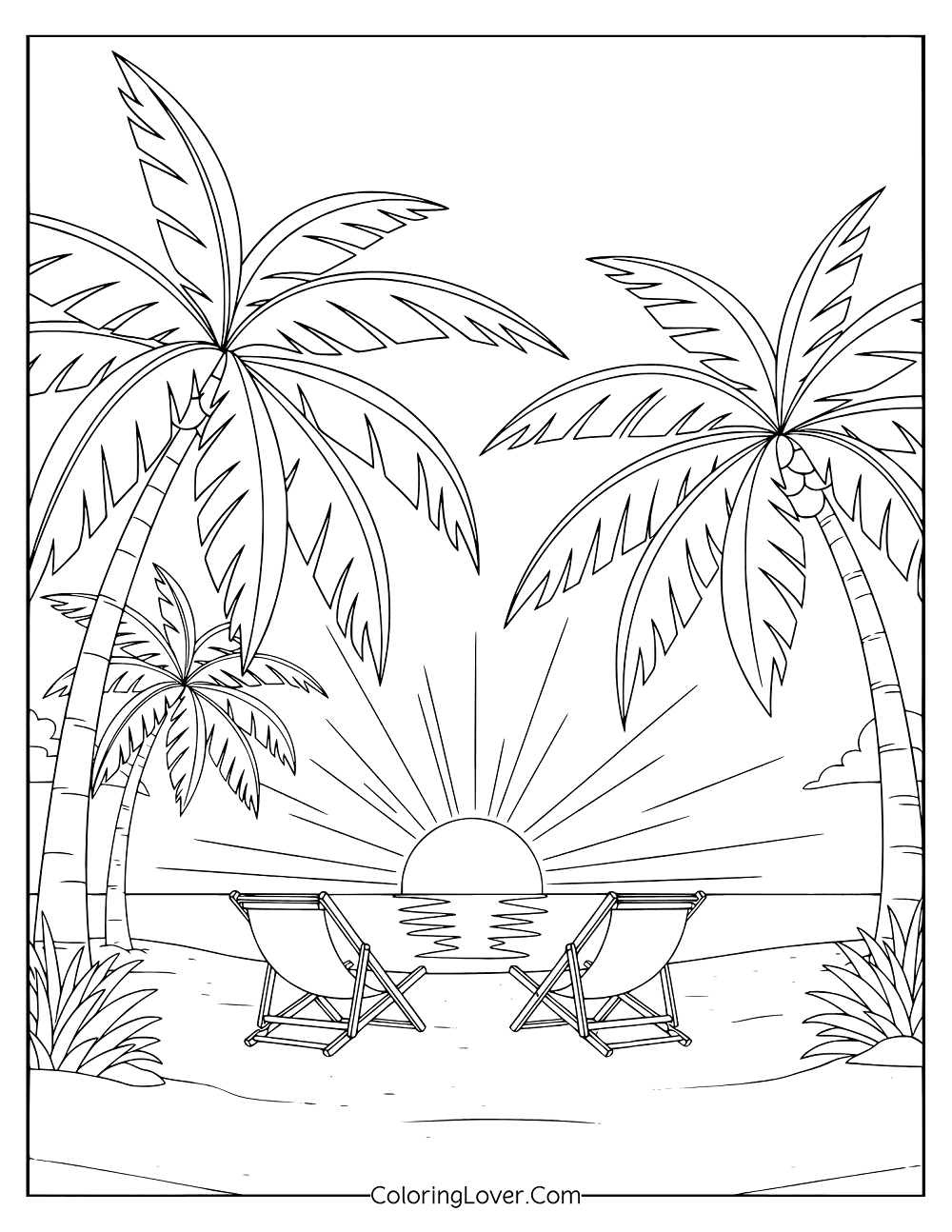 Beach coloring page featuring lounge chairs under palm trees facing the sunset.