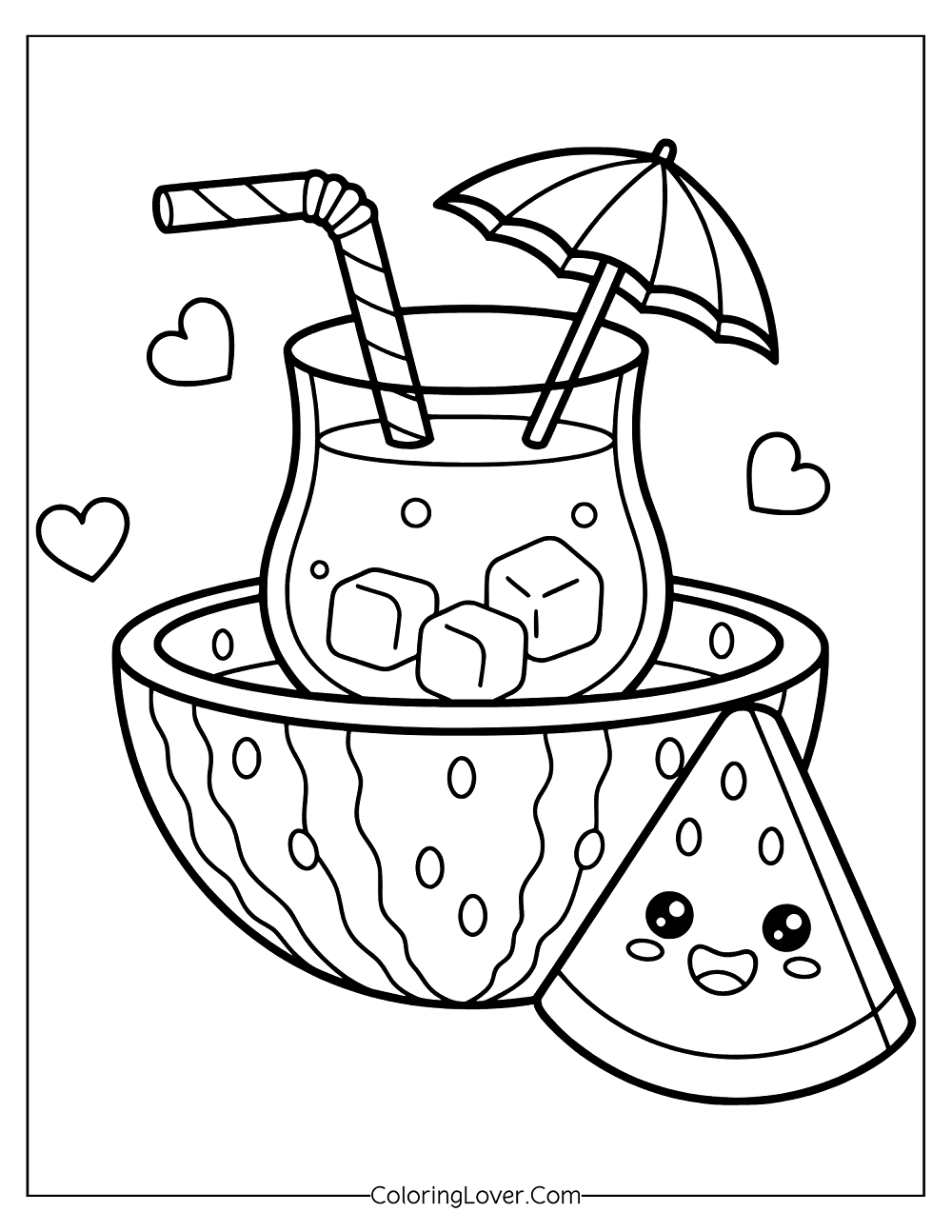 Coloring page of cute fruit-themed beverage with ice cubes and beach vibes.