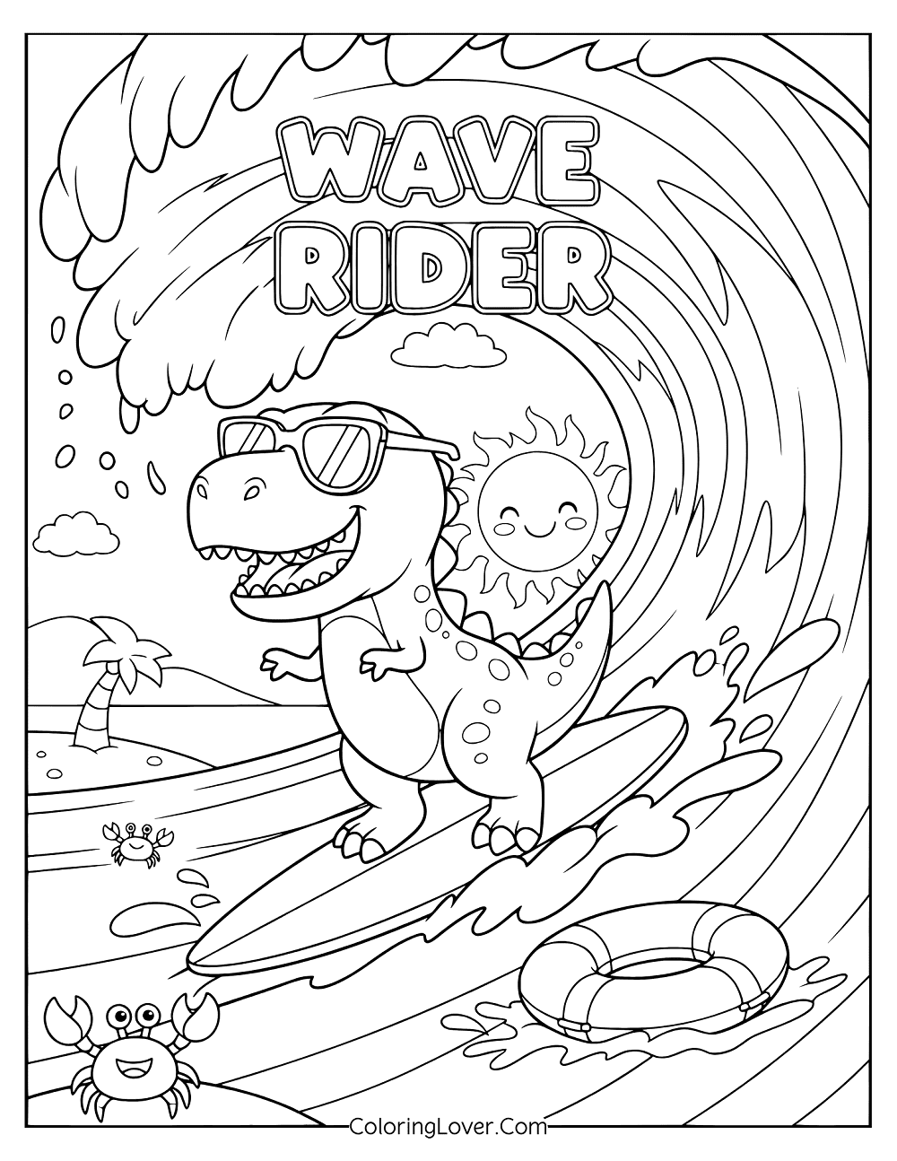 Coloring page of a surfing cute dinosaur with sunglasses and "Wave Rider" text.