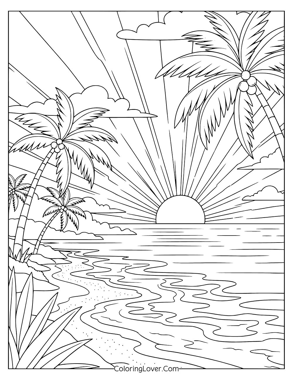 Beach coloring page showing tropical coastline with dramatic sky at sunset.